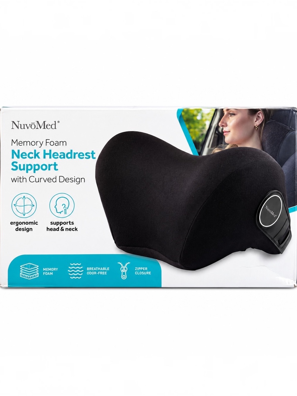 NuvoMed Memory Foam Car Neck Headrest Support Pillow Ergonomic Travel Black